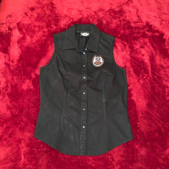 Small 105 Anniversary Black Sleeveless Button Up Harley Davidson Some Stretch - Picture 4 of 8
